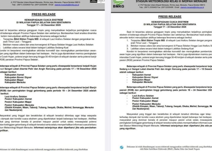 Cuaca Ekstrem Mengintai Papua Selatan, BMKG Imbau Masyarakat Tingkatkan Kewaspadaan